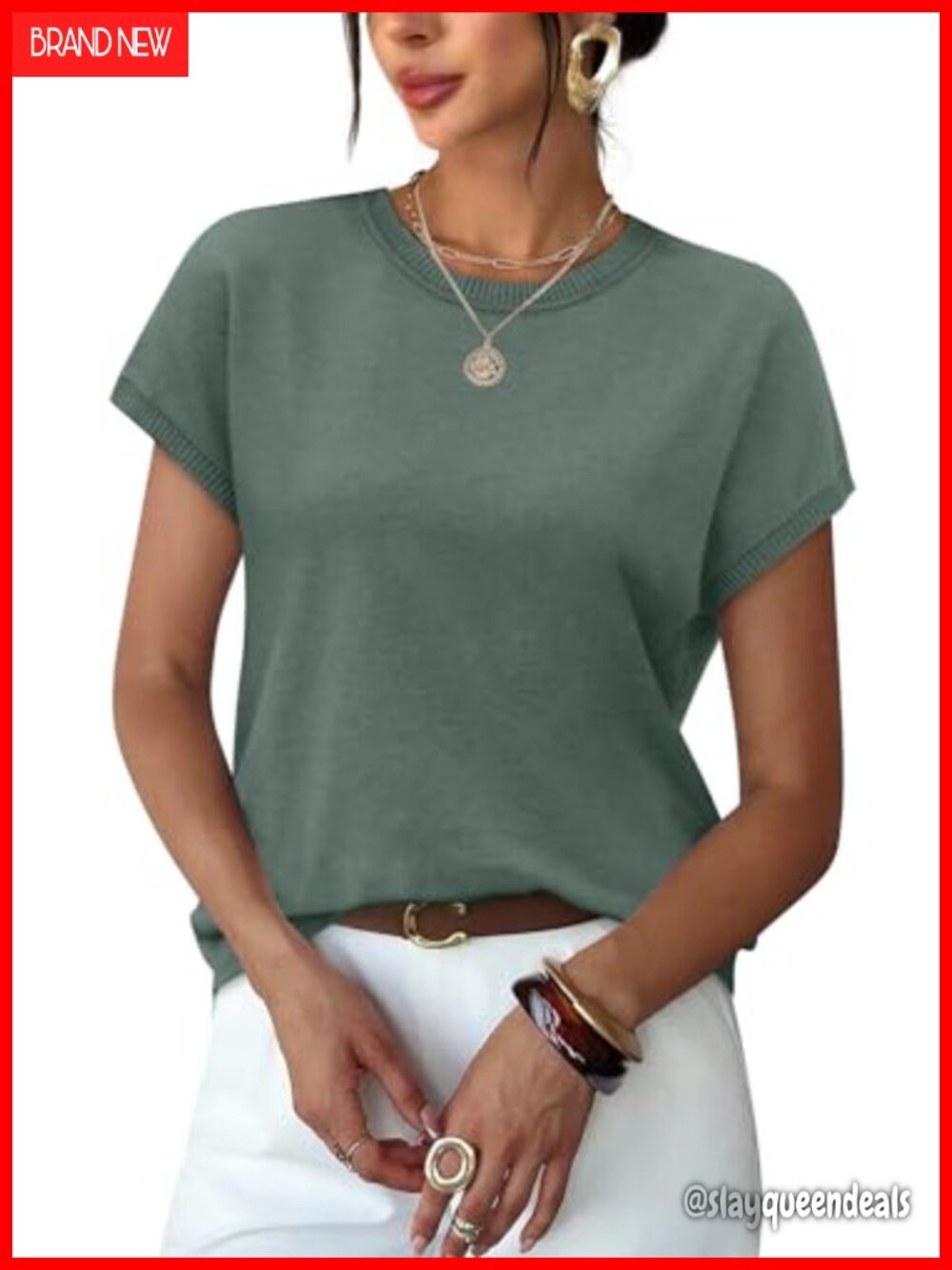 WIHOLL Short Sleeve Crew Neck Cap Sleeve Knit Top